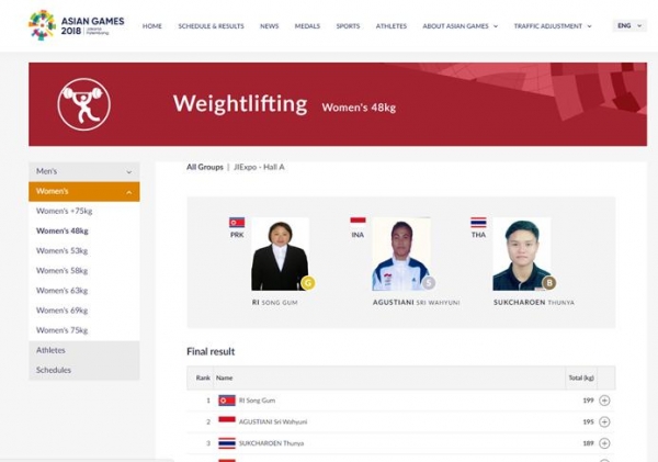 리성금의 메달 획득 소식을 전하는 아시안 게임 공식 홈페이지