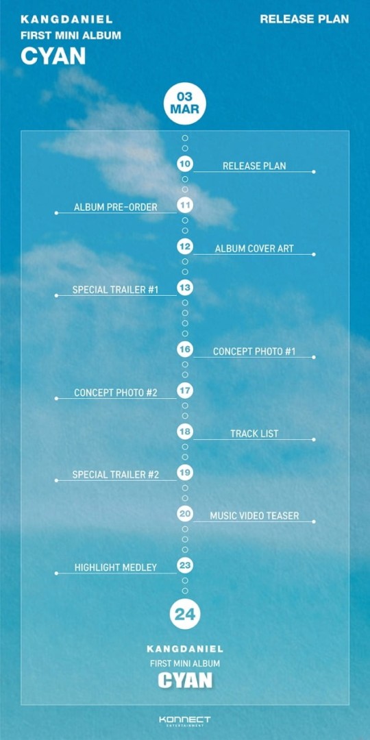 강다니엘의 첫 번째 미니 앨범 ‘CYAN’의 프로모션 릴리즈 플랜 포스터