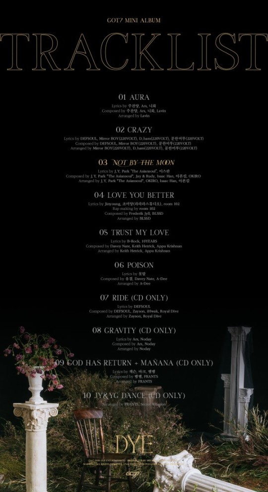 갓세븐의 새 앨범 'DYE'와 타이틀곡 'NOT BY THE MOON'은 20일 오후 6시 각종 음원사이트에서 공개된다.