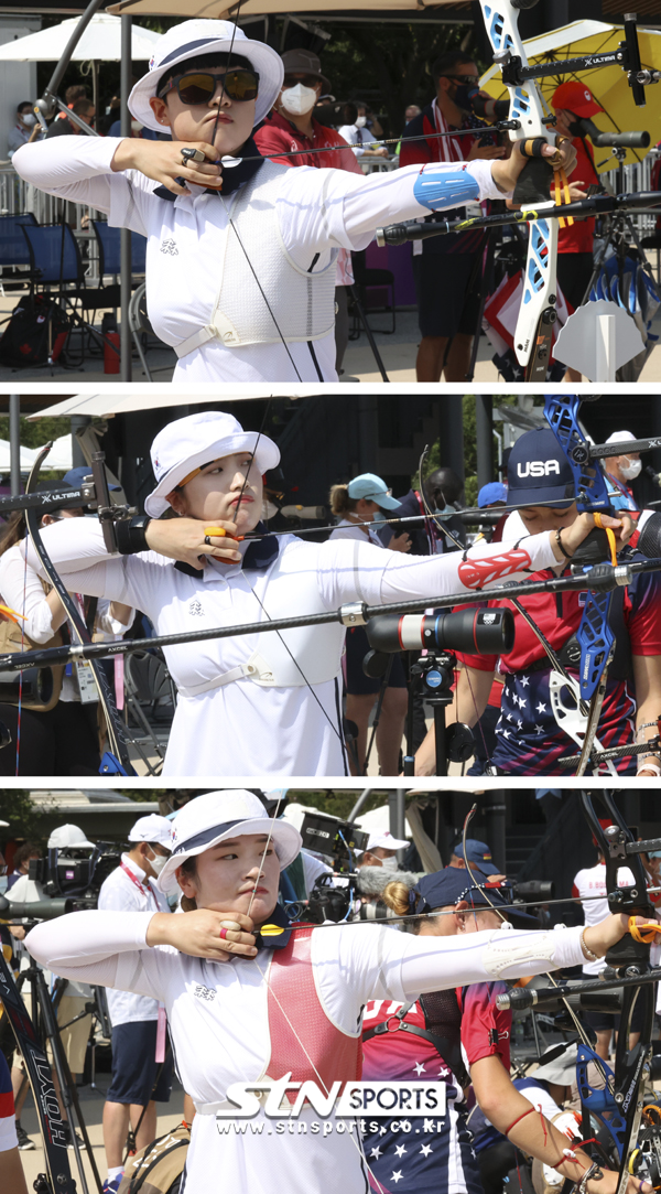 대한민국 양궁 국가대표 안산이 23일 일본 유메노시마 공원 양궁장에서 열린 도쿄올림픽 여자 개인전 랭킹라운드에 각각 참가하고 있다. 이날 안산은 1위, 강민희는 2위, 강채영은 3위를 차지했다. 사진｜뉴시스