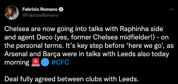 첼시 FC의 하피냐 영입에 대한 추가 소식을 전한 파브리시오 로마노. 사진｜파브리시오 로마노 개인 SNS 캡쳐