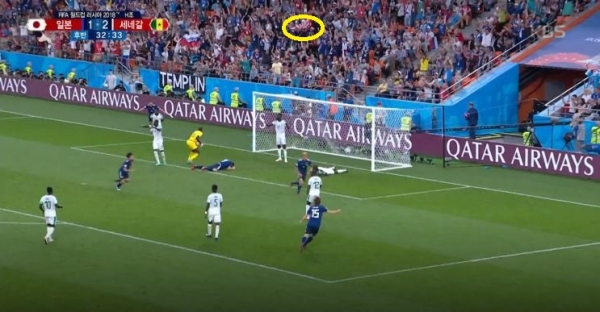 2018년 러시아 월드컵 조별리그 세네갈전에서 욱일기를 흔드는 일본 관중들. 사진｜TV 중계화면