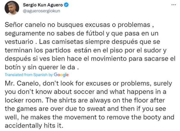 28일(한국시간) 세르히오 아구에로가 라커룸에서 멕시코 유니폼을 걷어찼다는 이유로 멕시코 복서 카넬로 알바레스의 분노를 산 메시를 옹호했다. 사진｜세르히오 아구에로 SNS 캡처