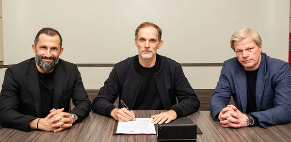 (왼쪽부터) 하산 살리하미지치 이사, 토마스 투헬 감독, 올리버 칸 CEO. 사진┃바이에른 뮌헨 공식 홈페이지 캡처