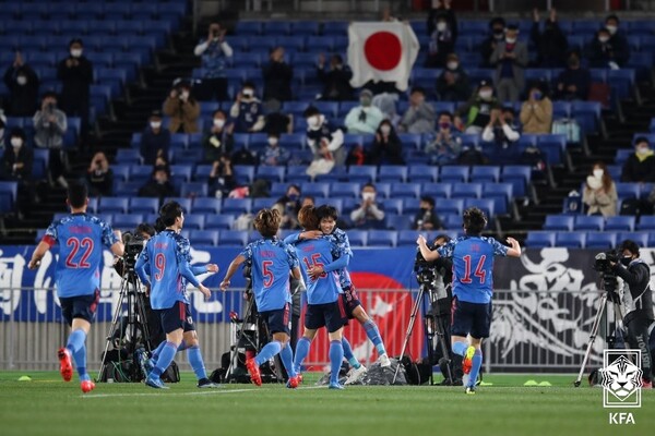 지난 2021년 3월 일본 요코하마 닛산 스타디움에서 열린 한일 친선경기 모습. 사진┃KFA