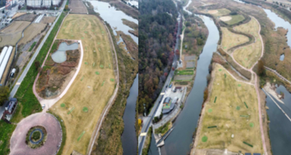 25일 나주시가 남평읍 서산리와 남석리 일대에 조성한 ‘남평 파크골프장’이 문을 열 준비를 마쳤다고 밝혔다.(▲남평 파크골프장 1구장 (A-B코스_왼쪽) 남평 파크골프장 2구장 (C-D코스) /사진=나주시